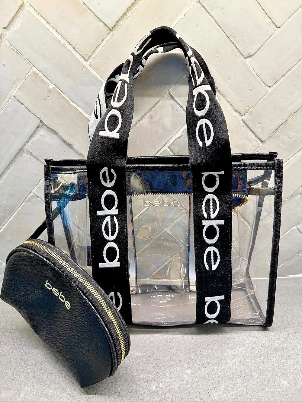 bebe Hana Clear Tote Bag Black & cosmetic case